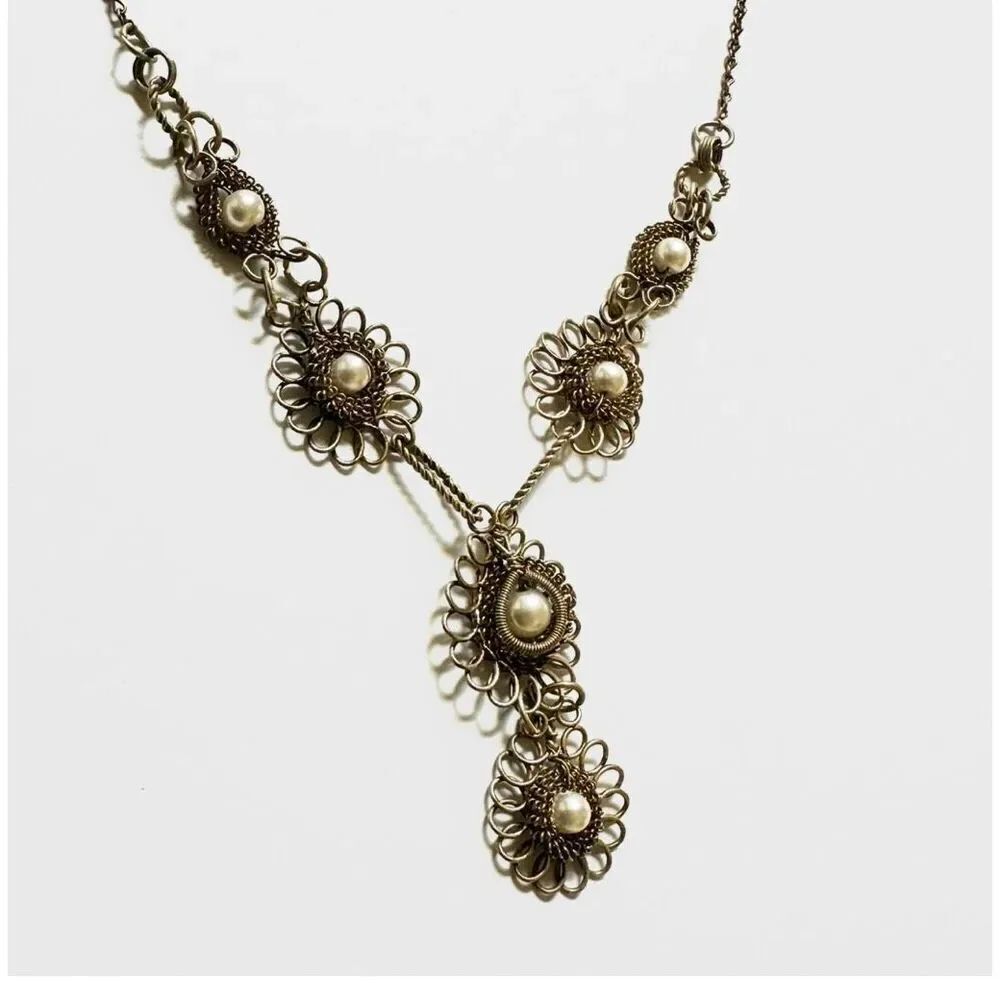 Vintage Filigree Silver Tone  faux pearl Necklace - Picture 6 of 9